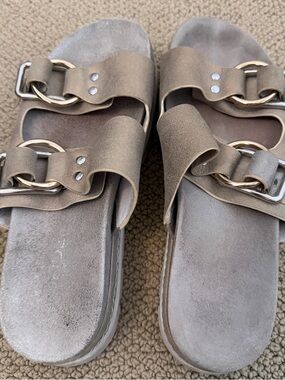 J/SLIDES Baha Platfoem Metallic Taupe Double-Buckle Slide Sandals